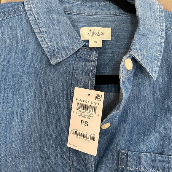 NWT Macy’s Style & Co Petite Chambray Button-Up Shirt in PS Petite Small - Picture 3 of 3
